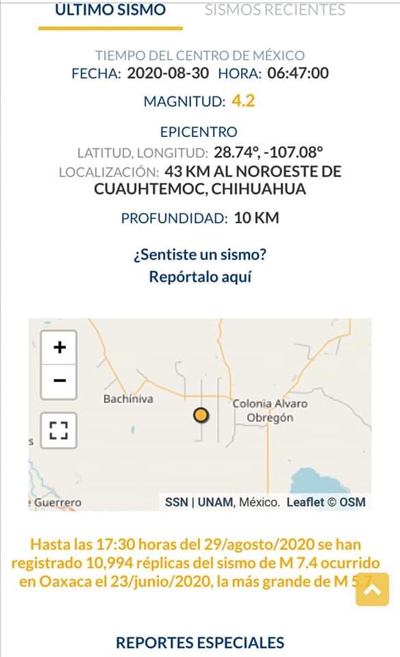 Se registra temblor de 4.2° en Cuauhtémoc