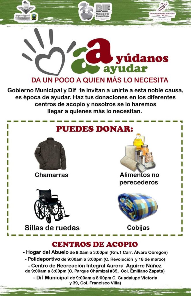 Llama DIF de Cuauhtémoc a donar chamarras, alimentos, sillas de ruedas y cobijas para personas necesitadas