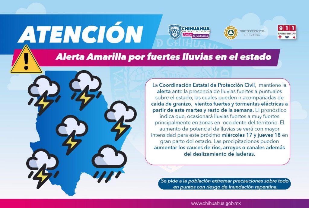 Alerta Protección Civil Estatal por lluvias durante las próximas 72 horas