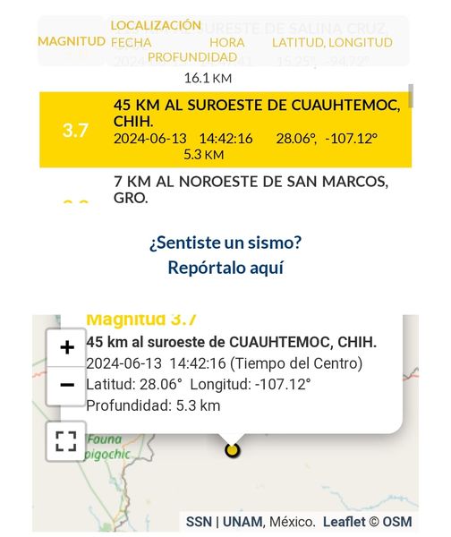 Se registra sismo en Cuauhtémoc