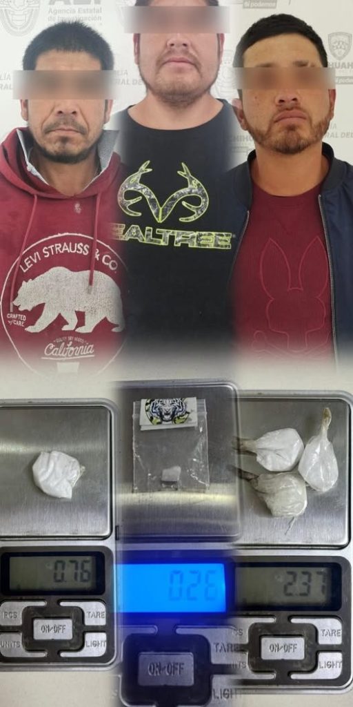 Detienen a tres hombres en posesión de cristal y cocaína, en Cuauhtémoc